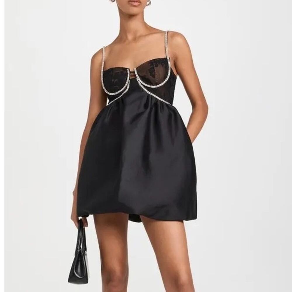 Self Portrait Black Taffeta Diamante Mini Dress bubble hem size US 4  UK 8